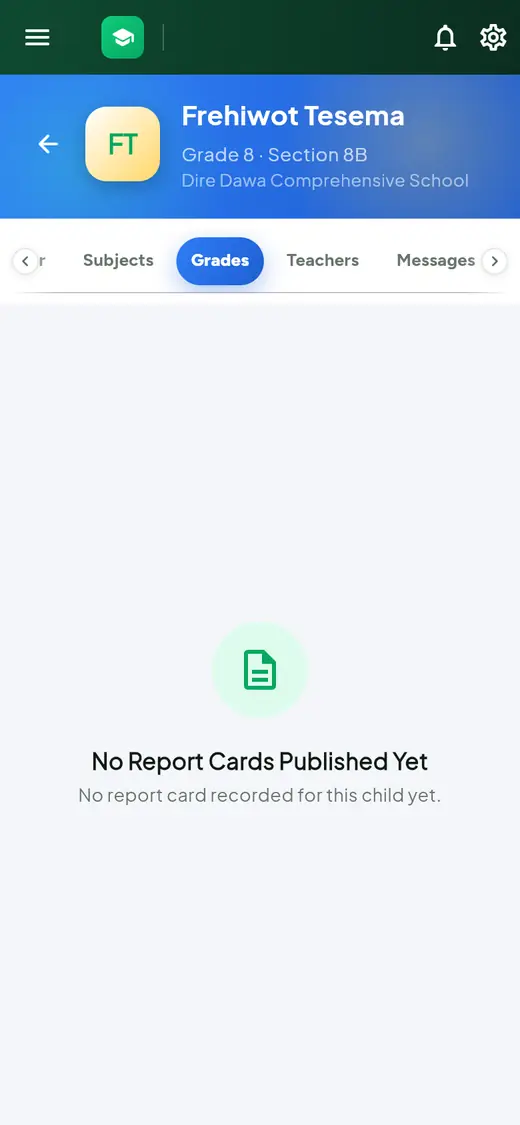 The Grades tab saying No Report Cards Published Yet.