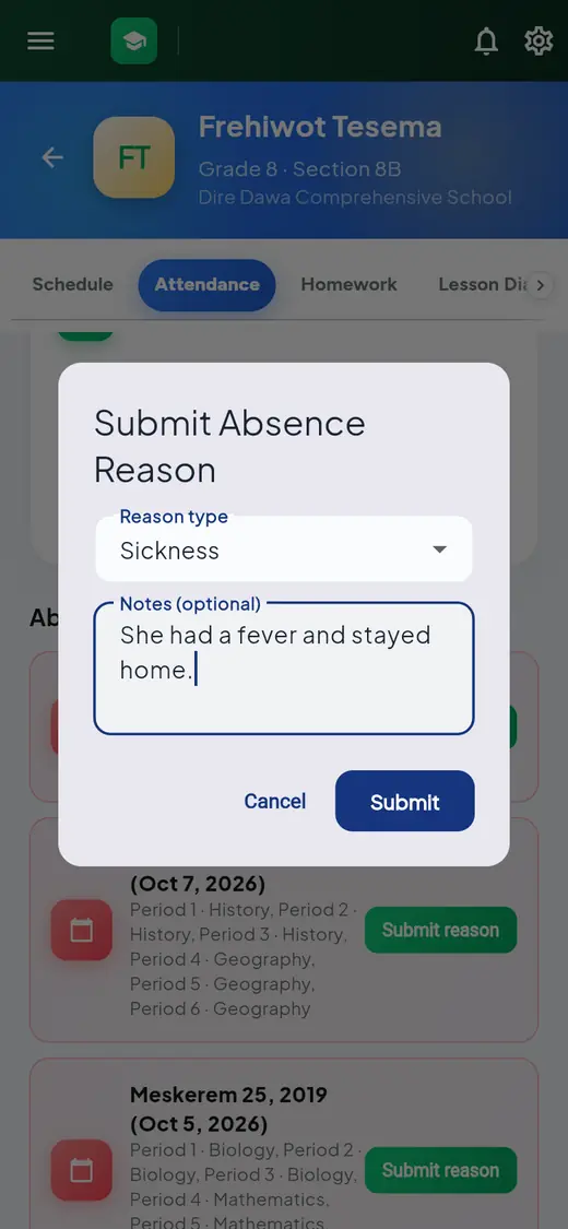 The Submit Absence Reason window with Reason type set to Sickness, a note, and Cancel and Submit buttons.