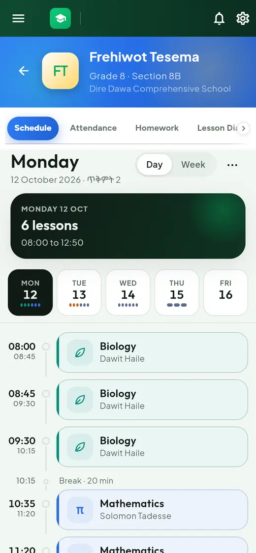 The Schedule tab for Monday: six lessons with times and teachers, and a 20-minute break.
