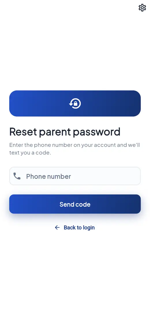 The Reset parent password page asking for the phone number, with a Send code button.