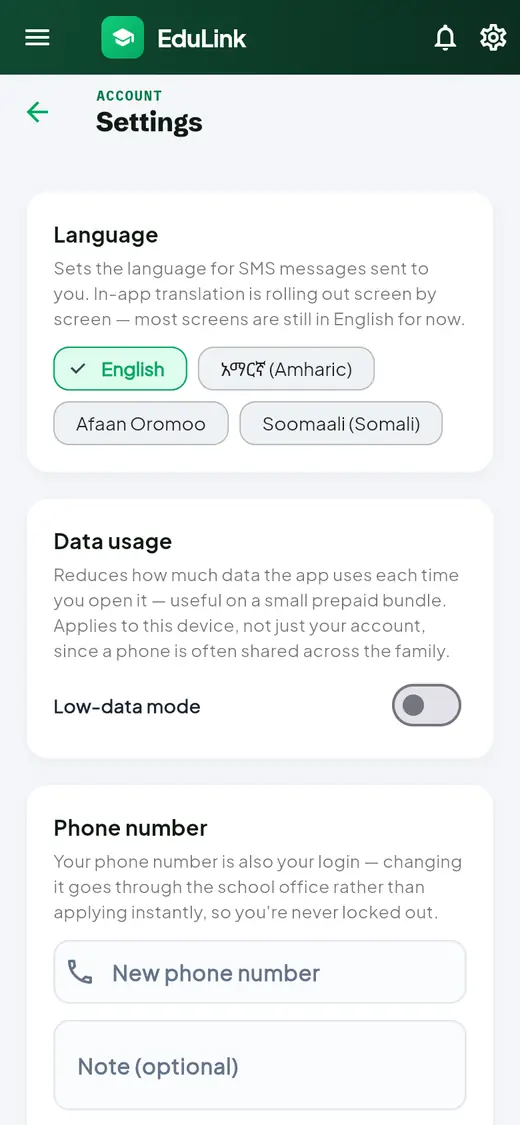 The parent Settings page with Language choices, a Low-data mode switch, and a Phone number change request form.