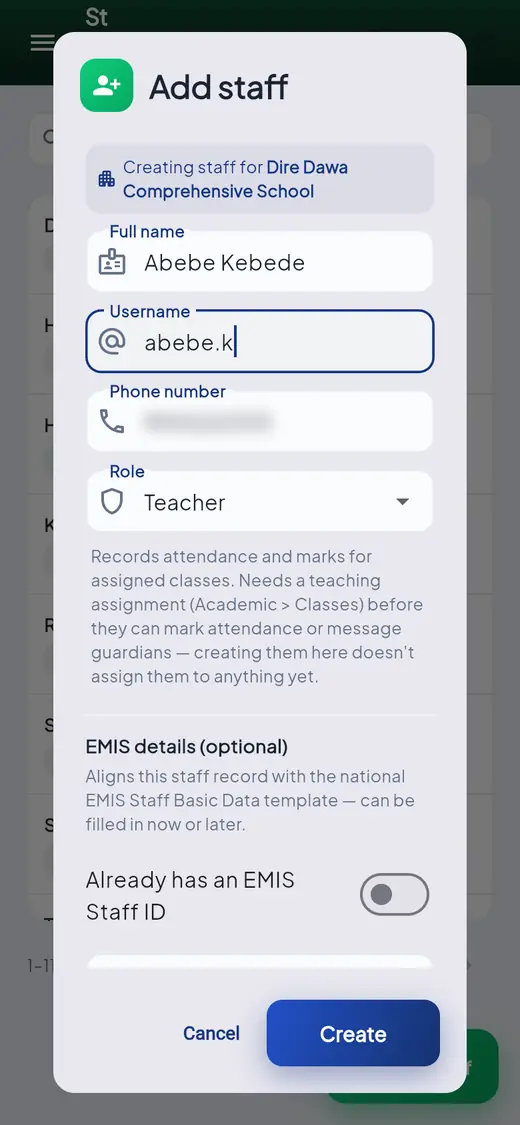 The Add staff window with Full name, Username, Phone number and Role set to Teacher, and a note that teachers need a teaching assignment.