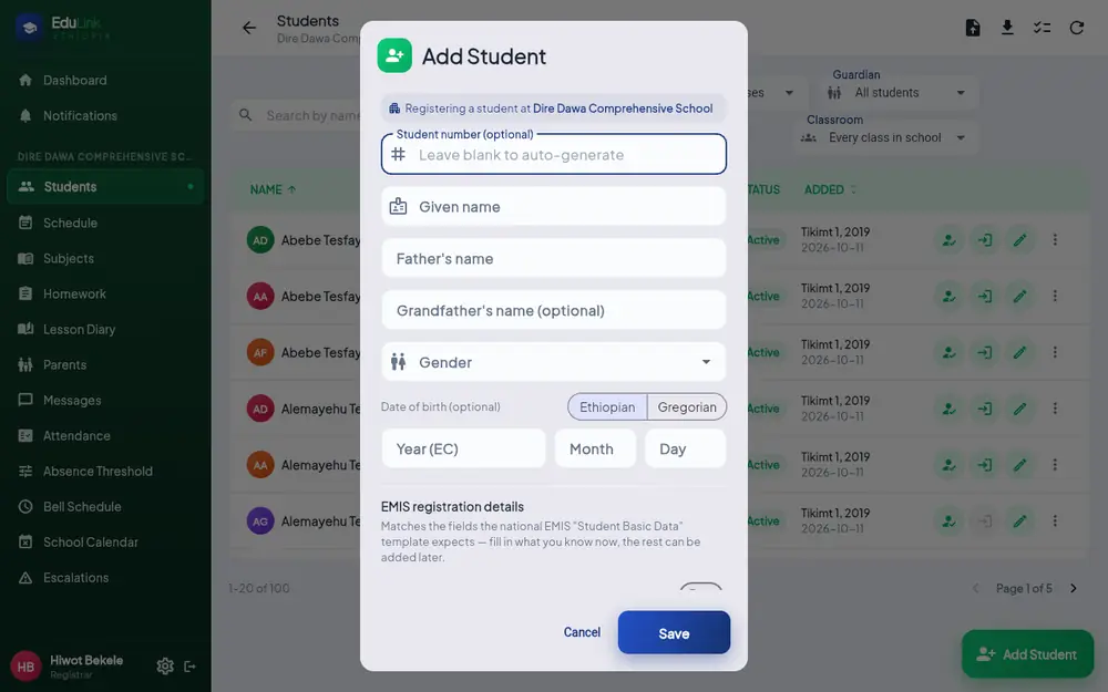 The Add Student window with student number, given name, father's name, grandfather's name, gender and date of birth.