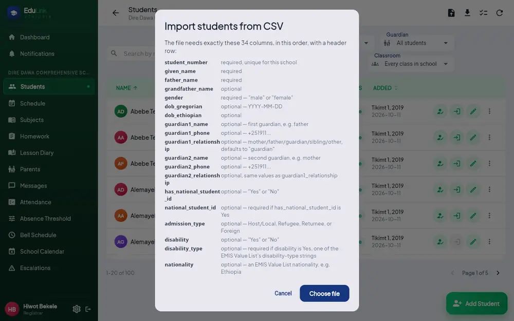 The Import students from CSV window listing the required columns, including guardian1_name, guardian1_phone and guardian2_phone, with Copy template and Choose file buttons.