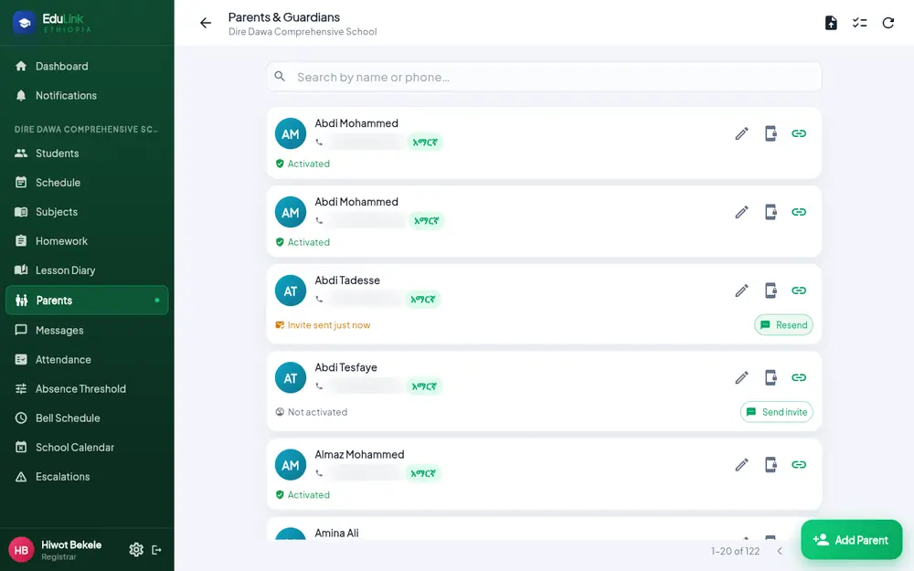 The Parents and Guardians list: each parent with phone and language, an Activated, Not activated or Invite sent label, and Send invite or Resend buttons.