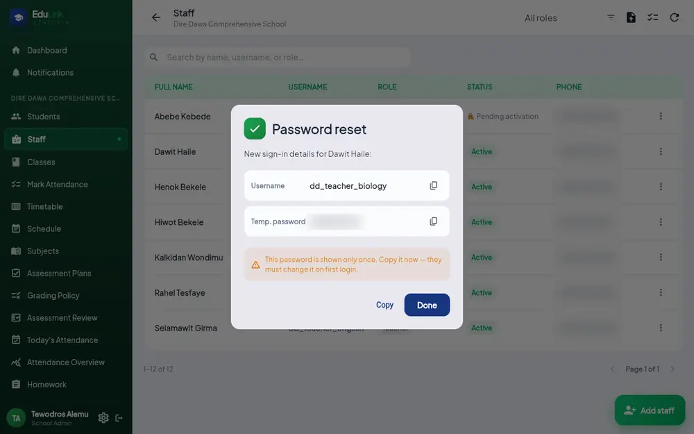 The Password reset window showing the username, a hidden temporary password with copy buttons, and a warning that it is shown only once.