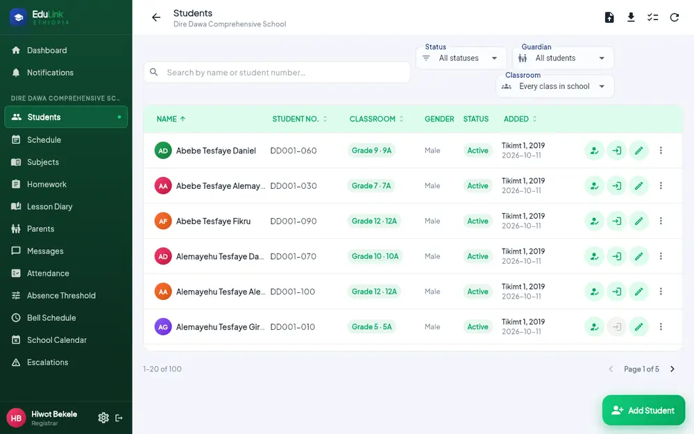 The Students list with name, student number, classroom, gender, status and buttons for Enroll in section, Invite to student portal and Edit on each row.