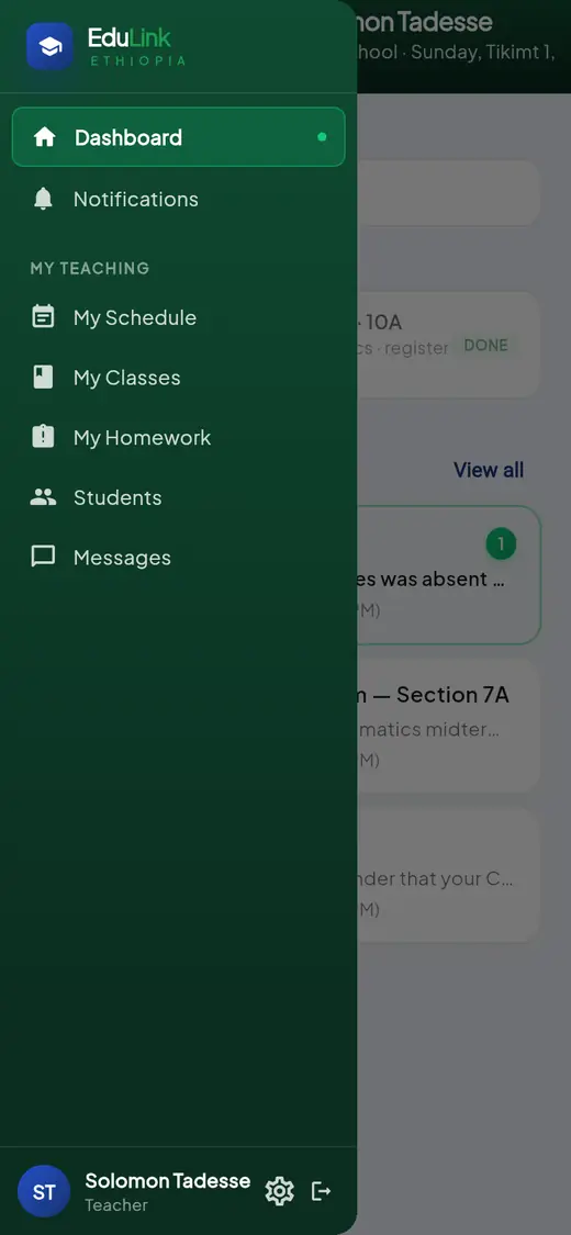 The staff menu on a phone: Dashboard, Notifications, My Teaching pages, and at the bottom the teacher's name with a settings gear and the sign-out arrow.